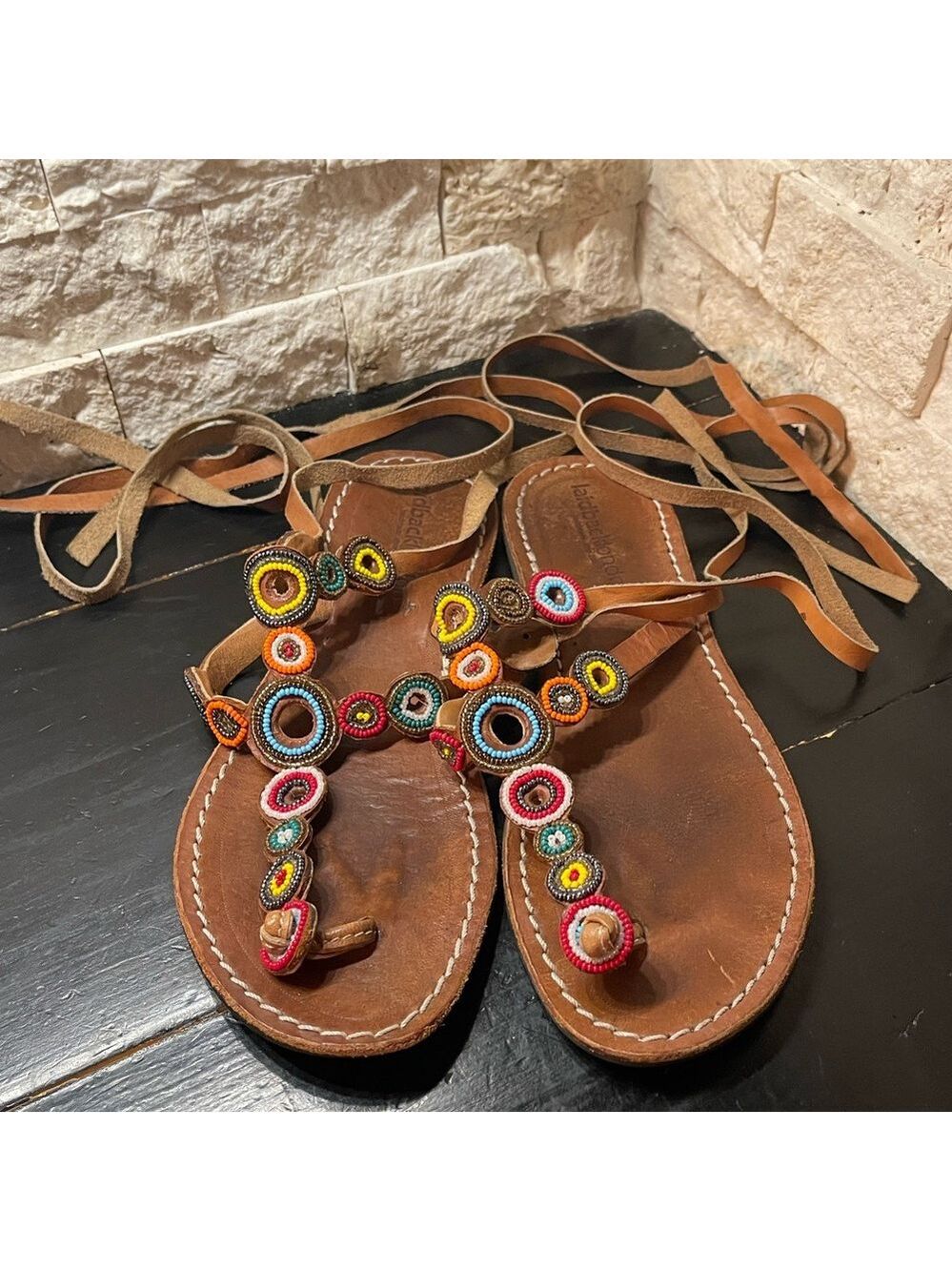 Laidback London Sandals Beaded Leather Ankle Straps Womens
